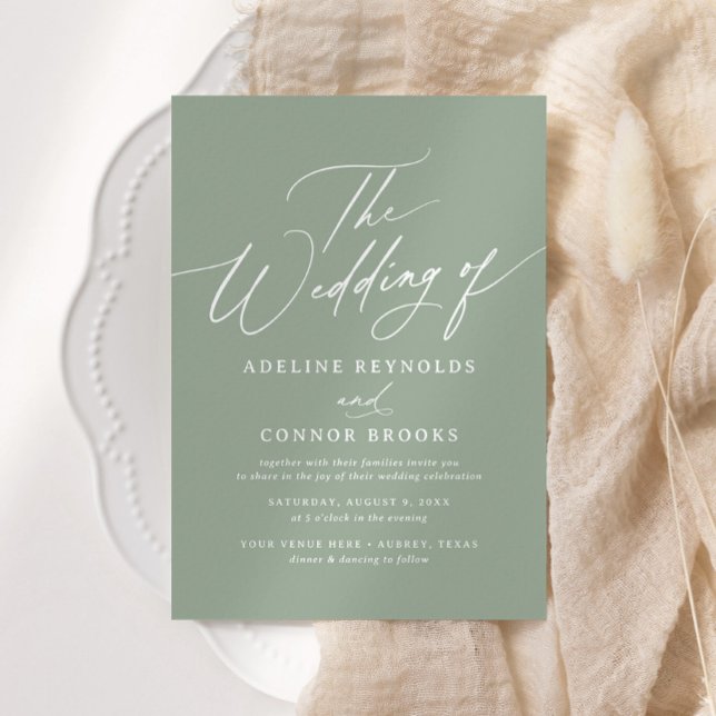 Elegant Sage Grönt Calligraphy Bröllop Inbjudningar (Skapare uppladdad)