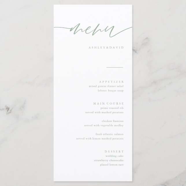 Elegant Sage Grönt Calligraphy Bröllop Menu Cards Meny (Framsida)