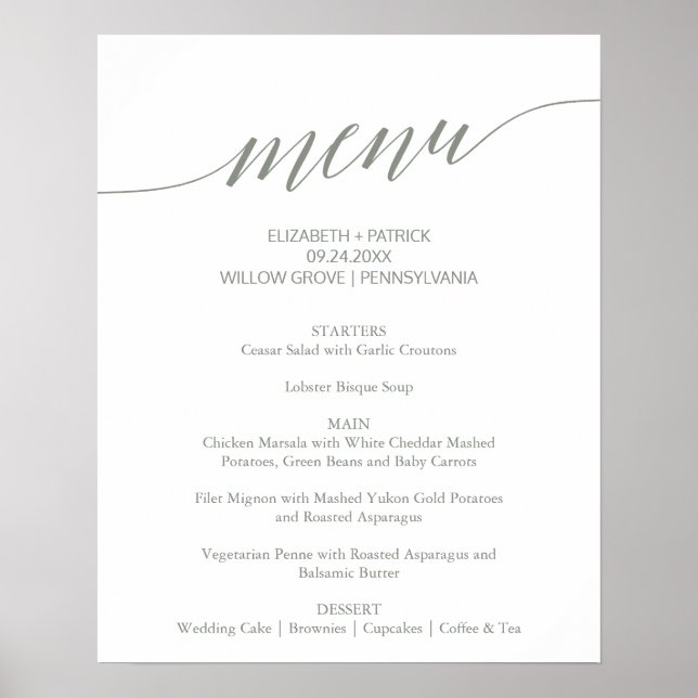 Elegant Sage Grönt Calligraphy Bröllop Menu Sign Poster (Framsidan)