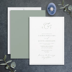 Elegant Sage Grönt Calligraphy Monogram Bröllop Inbjudningar