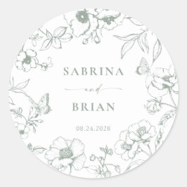 Elegant Sage Grönt Classic Blommigt Bröllop Runt Klistermärke