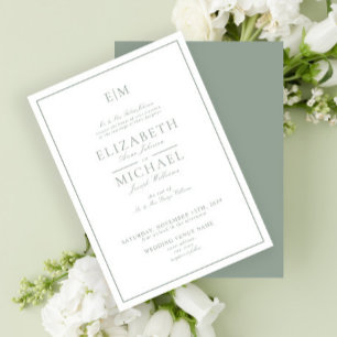 Elegant Sage Grönt Classic-skript Monogram Bröllop Inbjudningar