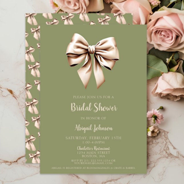 Elegant Sage Grönt Coquette Bow-Möhippa Inbjudningar (Elegant Sage Green Coquette Bow Bridal Shower Invitations, Wedding Shower, Modern, Beige Bows, Chic)
