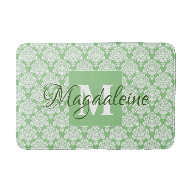 Elegant Sage Grönt Damask Snöre Monogram & Namn Badrumsmatta (Framsidan)