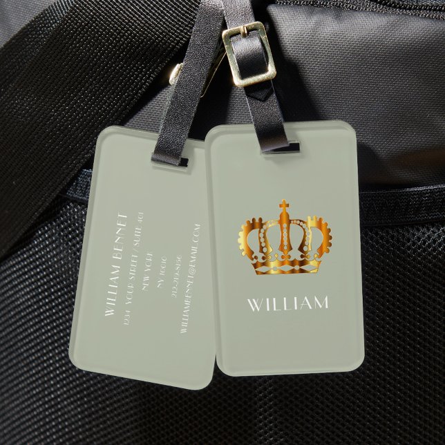 Elegant Sage Grönt Faux Guld Krona Bagagebricka (Elegant Sage Green Faux Gold Crown Luggage Tag)