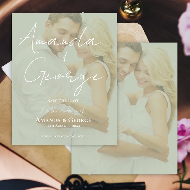 Elegant Sage Grönt Faux Vellum Photo Save Date (Elegant Sage Green Faux Vellum Photo Save the Date)