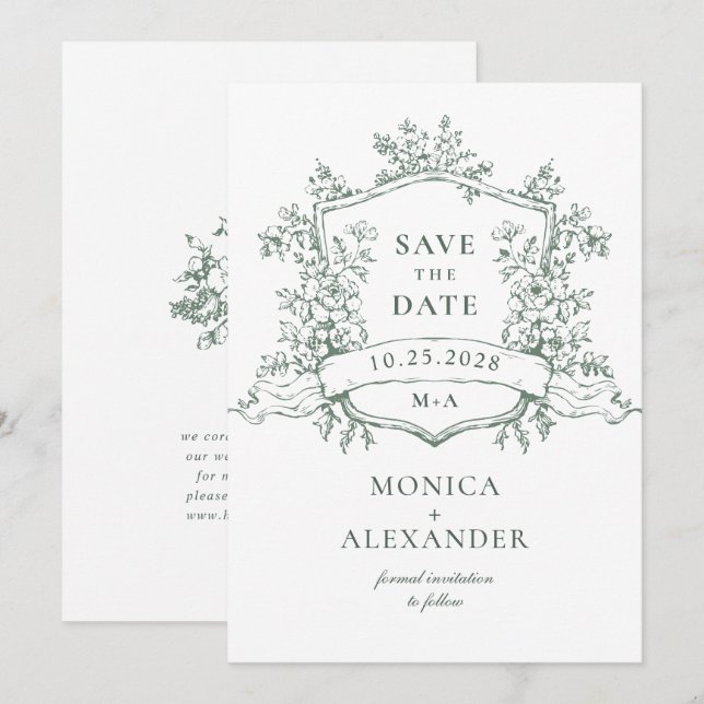 Elegant Sage Grönt Fransk Garden Flowers Bröllop Spara Datumet (Fram/baksida)