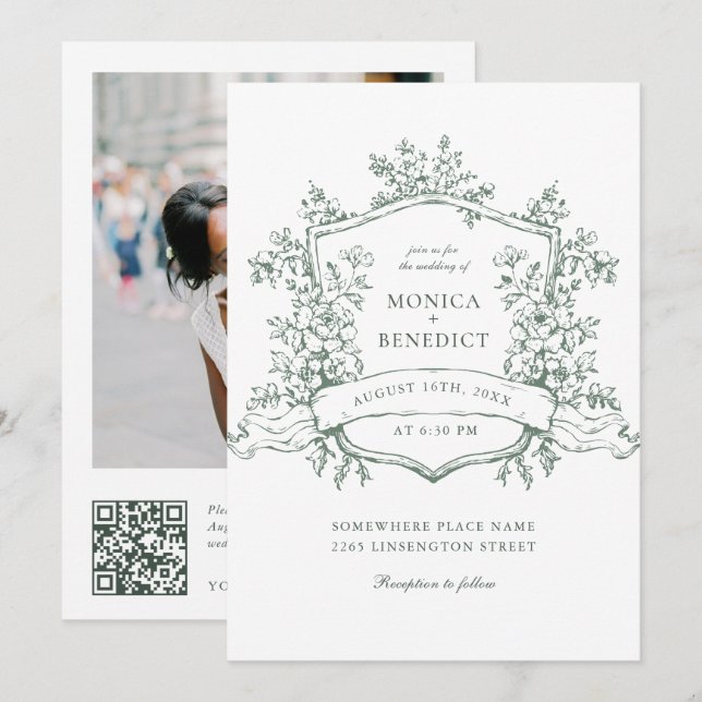 Elegant Sage Grönt Fransk Garden Wedding QR-kod Inbjudningar (Fram/baksida)