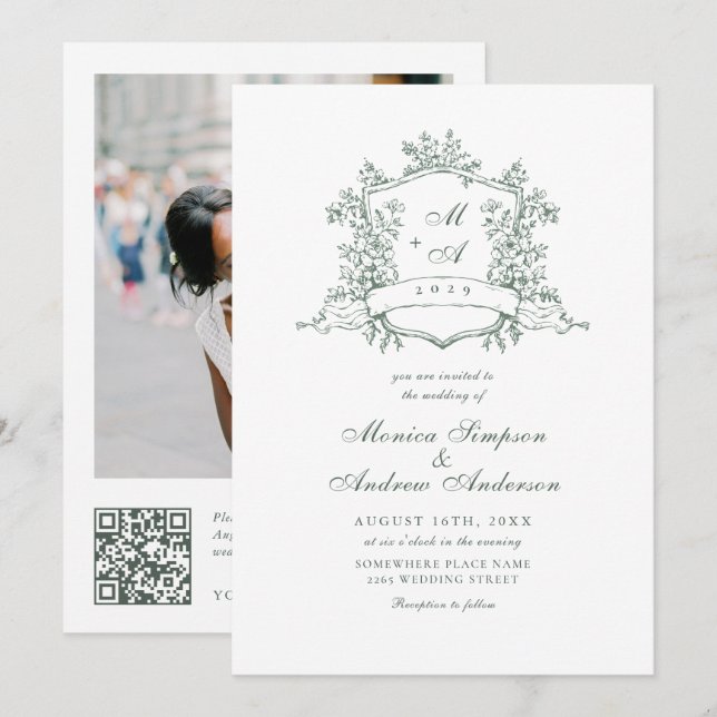 Elegant Sage Grönt Fransk Garden Wedding QR-kod Inbjudningar (Fram/baksida)