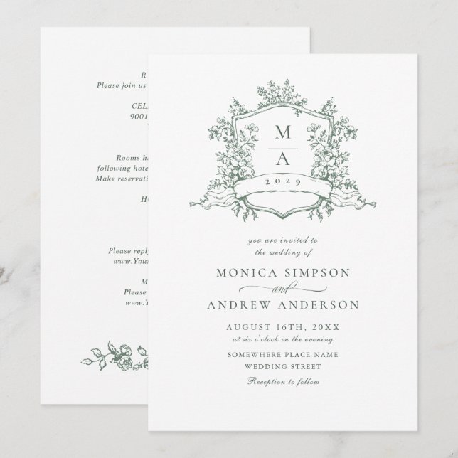 Elegant Sage Grönt Fransk Ro Garden Wedding Weddin Inbjudningar (Fram/baksida)