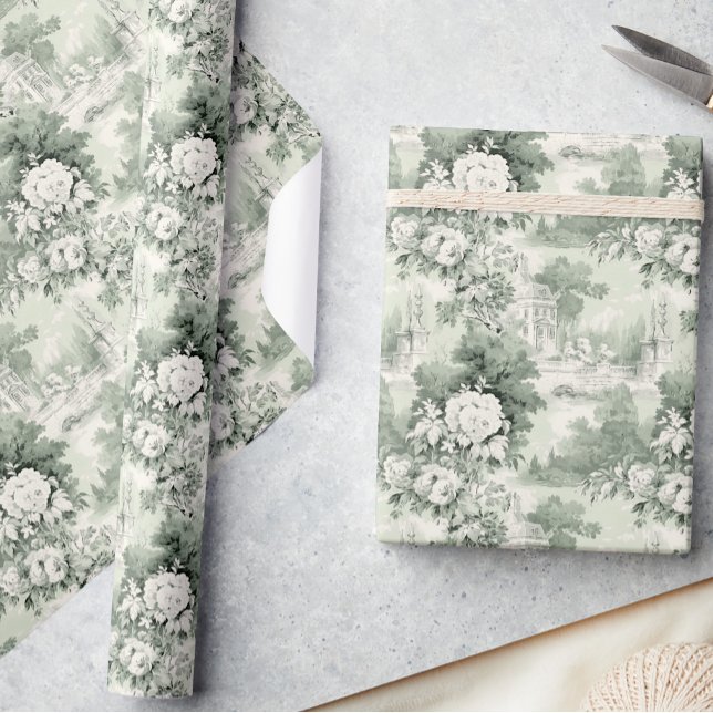 Elegant Sage Grönt Fransk Ro Toile Blommigt Presentpapper (Skapare uppladdad)