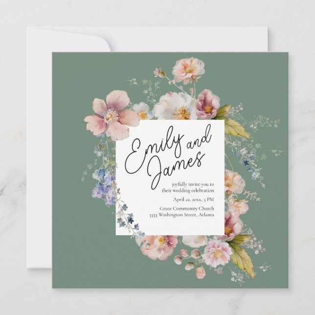 Elegant Sage Grönt Garden Wildblomma Bröllop Inbjudningar (Framsida)
