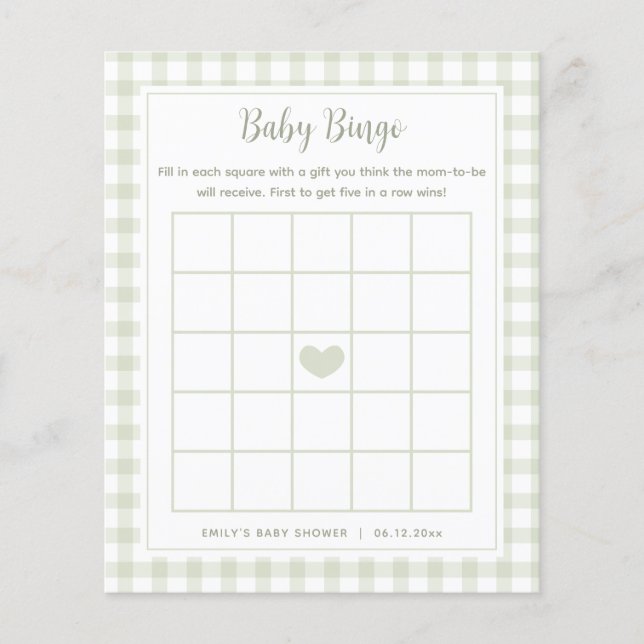 Elegant Sage Grönt Gingham Baby Shower Bingo Game (Framsida)