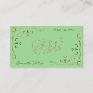 Elegant Sage Grönt Golden Ornate Corners Initialer Visitkort
