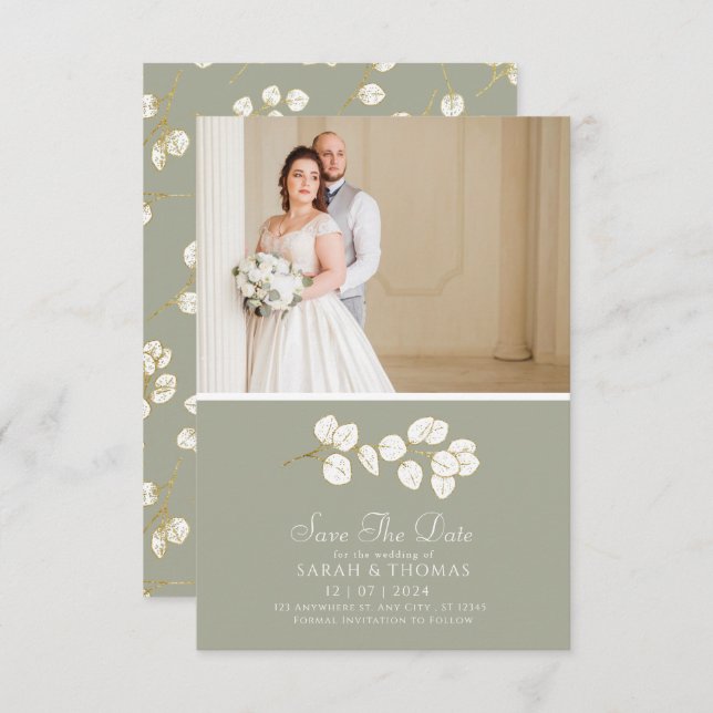 Elegant Sage Grönt Guld eucalyptus löv Spara Datumet (Fram/baksida)