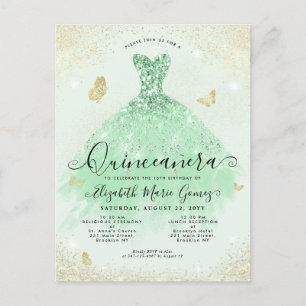 Elegant Sage Grönt Guld Glitter Gown Quinceanera Vykort