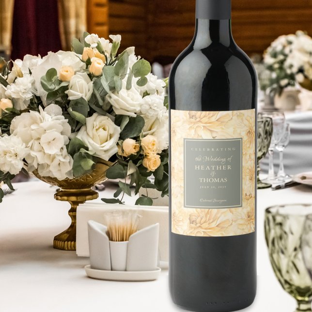 Elegant Sage Grönt Gult Blommigt  Vin-etikett Vinflaska Etikett (Skapare uppladdad)