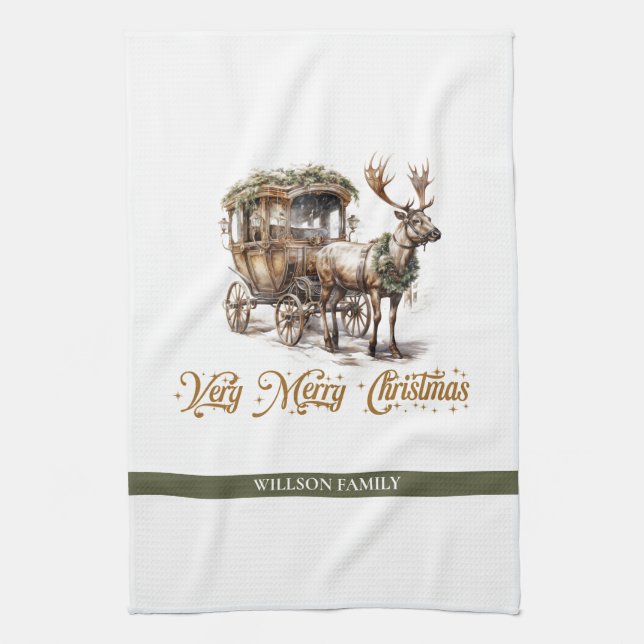Elegant sage grönt holly faux guld Reindesleigh Kökshandduk (Vertikal)