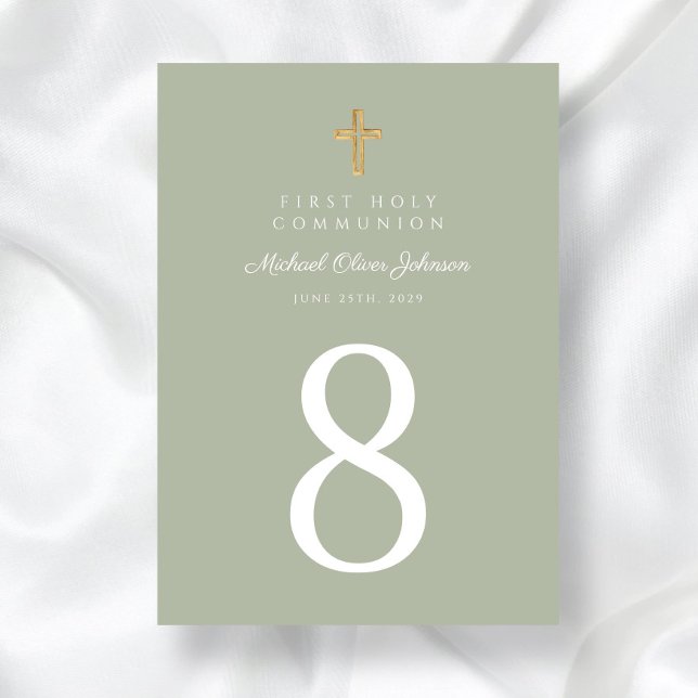Elegant Sage Grönt Kor Boy First Communion Bordsnummer (Elegant Sage Green Cross Boy First Communion Table Number)