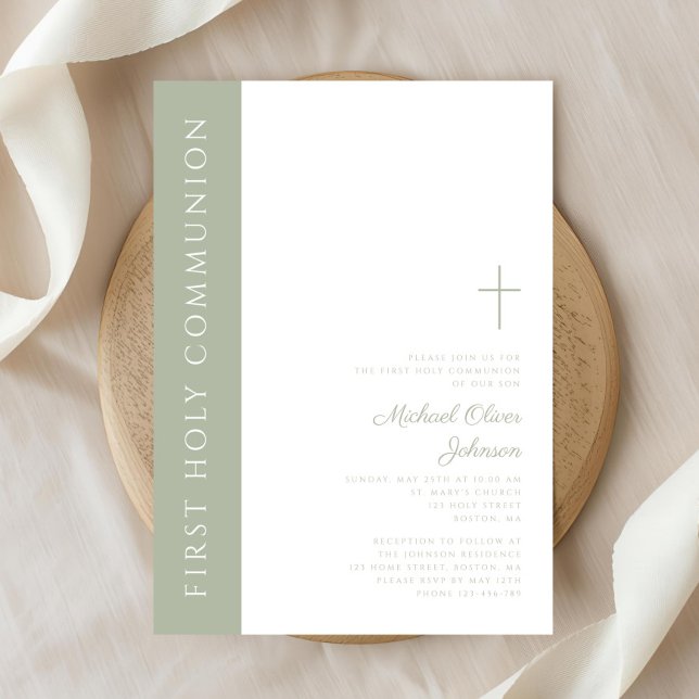 Elegant Sage Grönt Kor First Heliga Communision Inbjudningar (Elegant Sage Green Cross First Holy Communion Invitation)