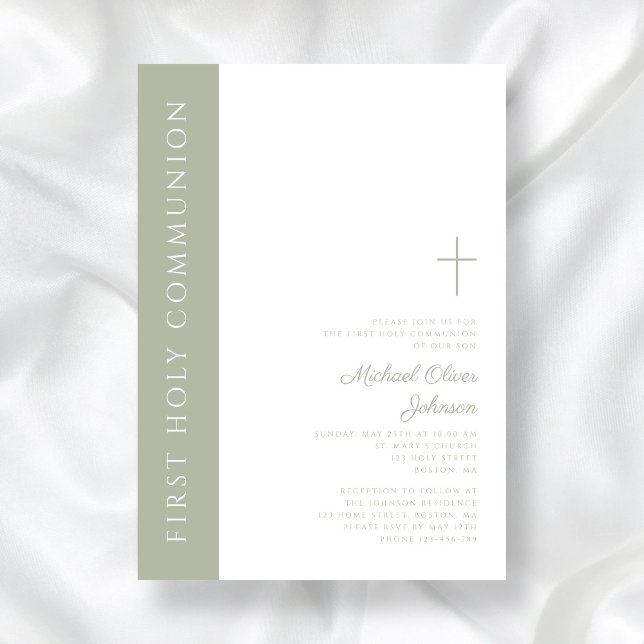 Elegant Sage Grönt Kor First Heliga Communision Inbjudningar (Elegant Sage Green Cross First Holy Communion Invitation)