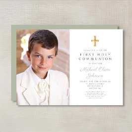Elegant Sage Grönt Kor Photo Boy First Communion Inbjudningar