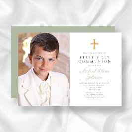 Elegant Sage Grönt Kor Photo Boy First Communion Inbjudningar
