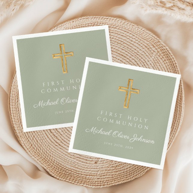 Elegant Sage Grönt Kor Religiösa First Communion Pappersservett (Elegant Sage Green Cross Religious First Communion Napkins)