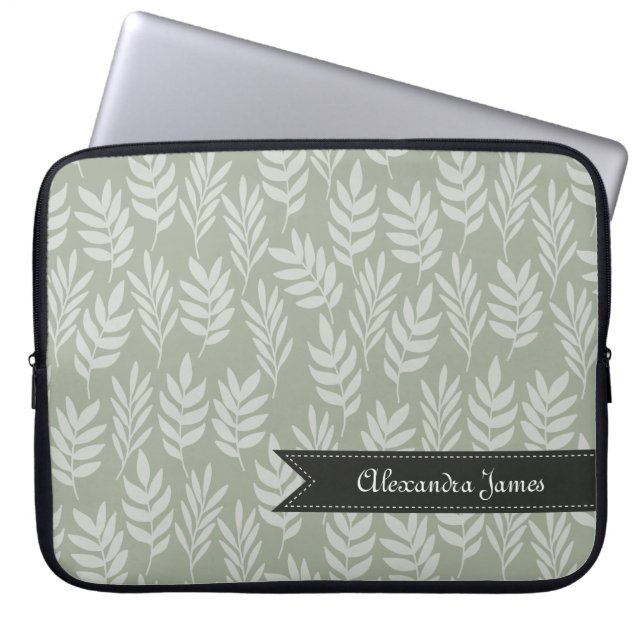 Elegant Sage Grönt Löv Mönster med Namn Laptop Sleeve (Framsidan)
