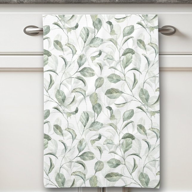 Elegant Sage Grönt Löv Vattenfärgen Mönster Kökshandduk (Elegant Sage Green Leaves Watercolor Pattern Kitchen Towel)