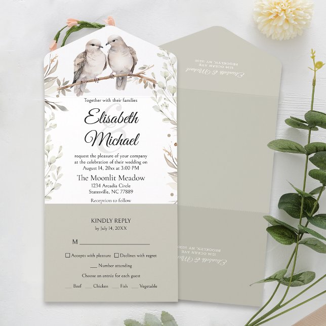 Elegant Sage Grönt Meal Entree Bröllop OSA (Simplify your wedding with our all-in-one invitation – convenience and beauty in a single card.)