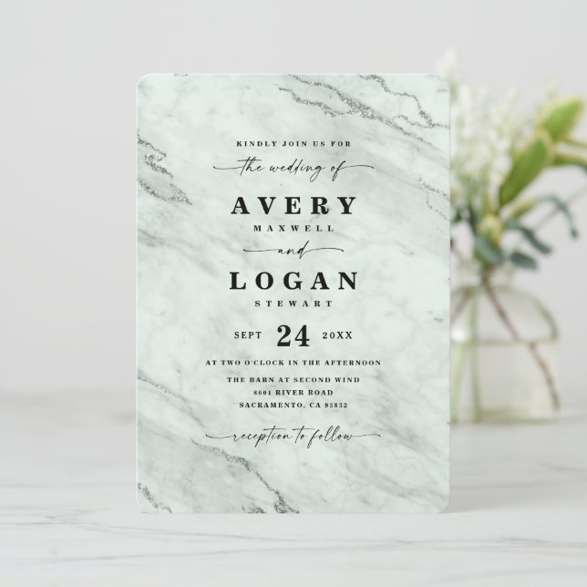 Elegant Sage Grönt Metallic Marble Bröllop Inbjudningar (Stående Fram)