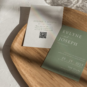 Elegant Sage Grönt minimalist Boho QR-kod Bröllop Inbjudningar