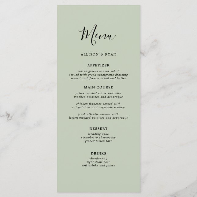 Elegant Sage Grönt Minimalist Bröllop Menu Meny (Framsida)