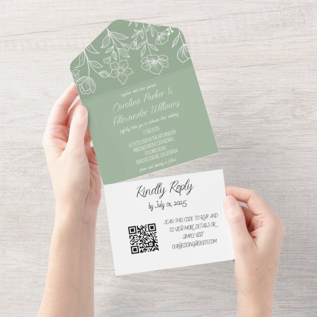 Elegant Sage Grönt Modern Blommigt OSA QR-kod (Avrivbar del)