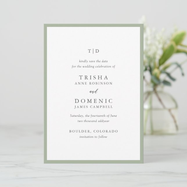 Elegant Sage Grönt Monogram Modern Bröllop Spara Datumet (Stående Fram)