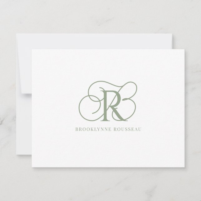 Elegant Sage Grönt Monogram platt anteckningskort (Framsida)