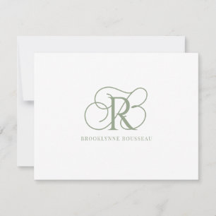 Elegant Sage Grönt Monogram platt anteckningskort