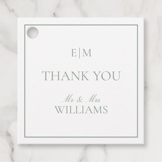 Elegant Sage Grönt Monogram Tack Bröllop Gåvor Etiketter (Framsida)