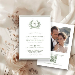 Elegant Sage Grönt Monogram Vapensköld QR-kod Bröl Inbjudningar