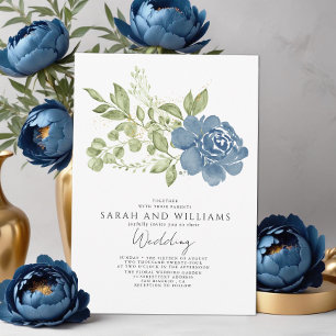 Elegant Sage Grönt Navy Blue Blommigt Boho Bröllop Inbjudningar