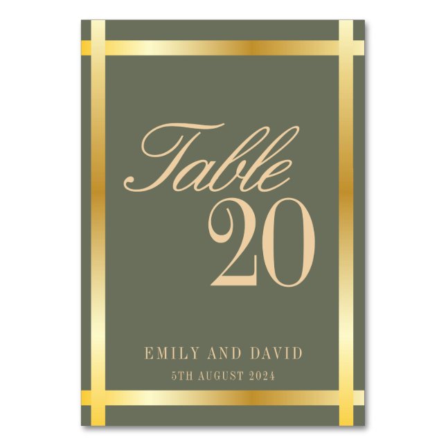 Elegant Sage Grönt och Golden Gräns Bröllop Bordsnummer (Framsidan)