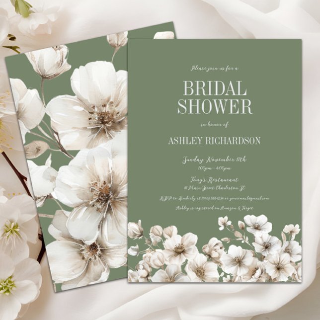 Elegant Sage Grönt och Möhippa av vit Blommigt Inbjudningar (Sage green and white floral bridal shower invitation with classic script, elegant watercolor design)