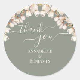 Elegant Sage Grönt och Vit Blommigt Bröllop Runt Klistermärke