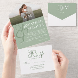 Elegant Sage Grönt Overlay Photo Monogram Bröllop