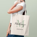 Elegant Sage Grönt Personligt bröllp Bridesmaid Na Tygkasse<br><div class="desc">Elegant personligt bröllp tote-väskan har en personlig monogramtypografi med det moderna kalligrafiskriptet namn och serif monogram initialt i lagersädesformat grönt och svart färg. Innehåller anpassningsbar för en brudens sida-rubrik som "BRIDESMAID" eller annan föredragen ordalydelse.</div>