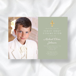 Elegant Sage Grönt Photo Boy First Communion Inbjudningar