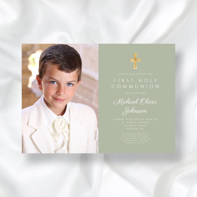 Elegant Sage Grönt Photo Boy First Communion Inbjudningar (Elegant Sage Green Photo Boy First Communion Invitation)