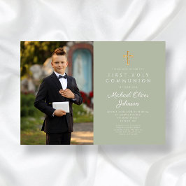 Elegant Sage Grönt Photo Boy First Communion Inbjudningar
