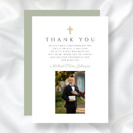 Elegant Sage Grönt Photo Boy First Communion Tack Kort